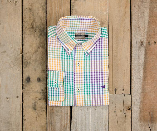 Purple Green and Gold Gingham | Everett Gingham Dress Shirt | Long Sleeve | Folded